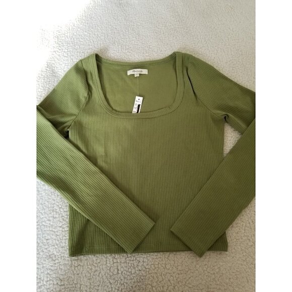 Madewell Women Square Neck Long Sleeve Ribbed Cropped Sleekhold Green Top Size S - Picture 3 of 10